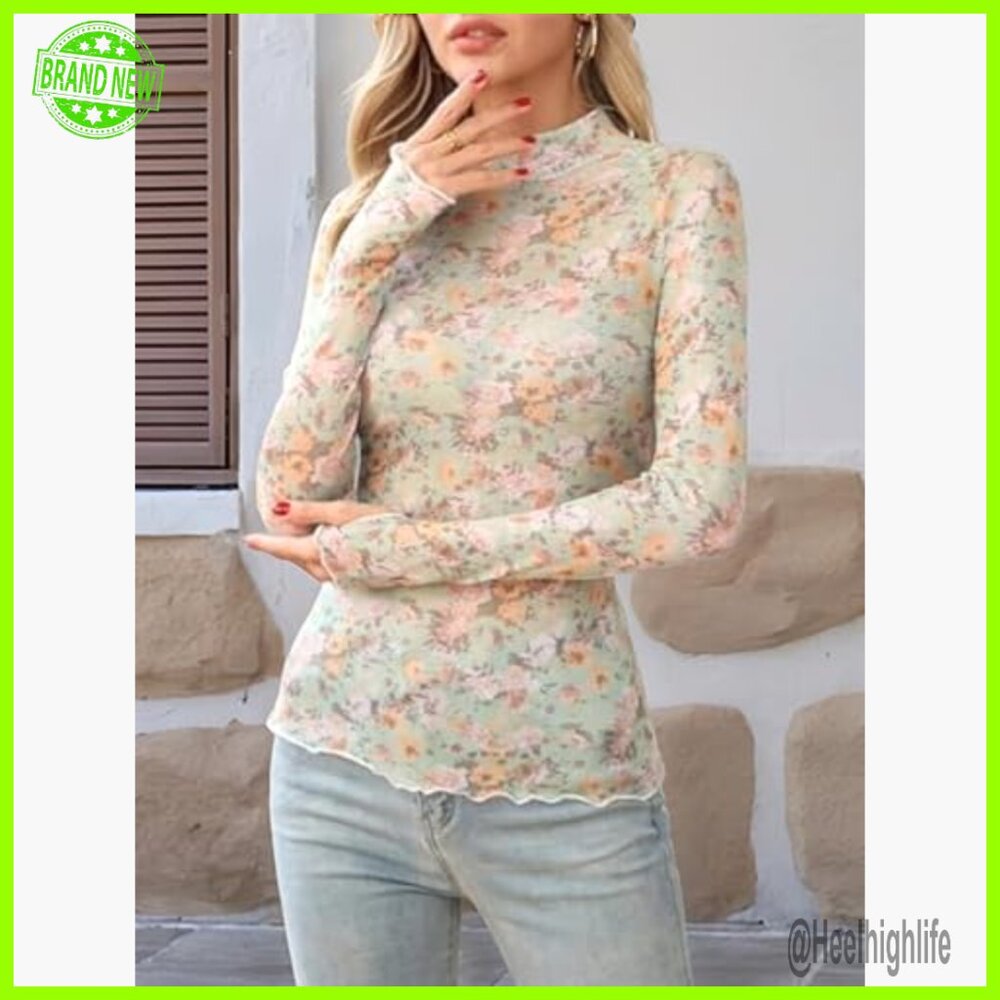 Floral Lace Mesh Long Sleeve Top, Slim Fit Sheer Mock Neck Shirt - Picture 3 of 6